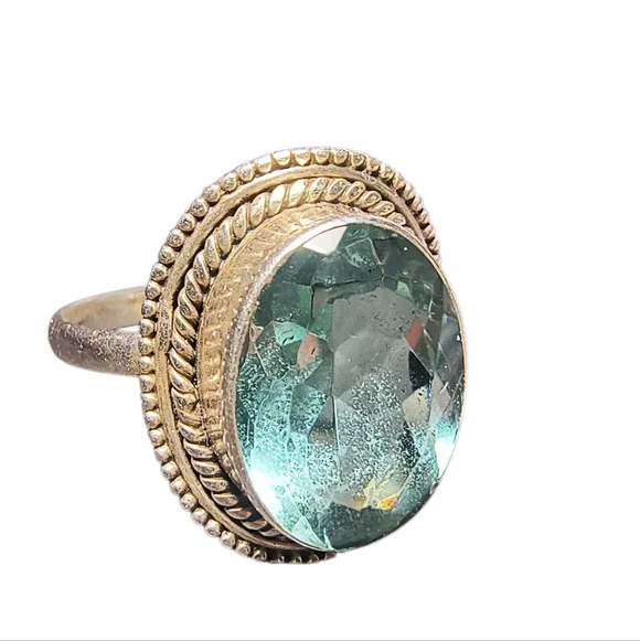 Vintage Handmade Light Blue Faceted Glass Crystal And Sterling Silver Ring - Picture 2 of 12